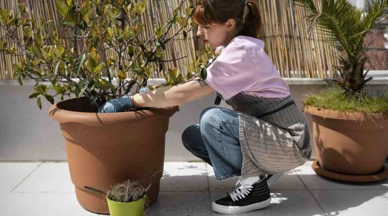 Ung kvinne planter på terrasse