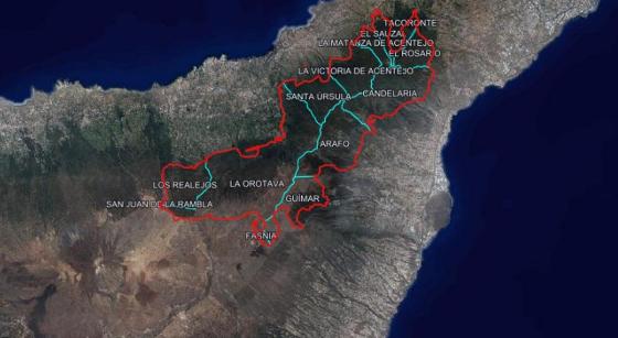 Oversiktskart berørt område skogbrann Tenerife.