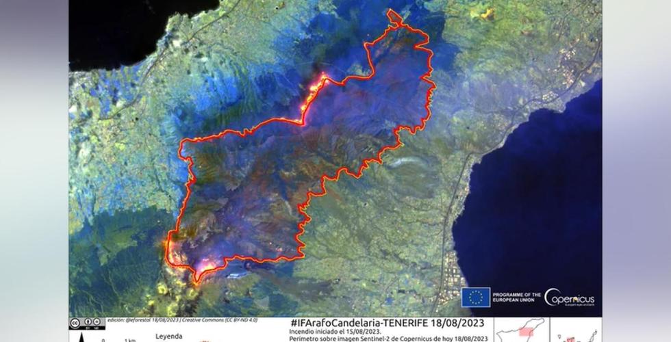 Oversiktskart over skogbrannen på Tenerife 18. august 2023.