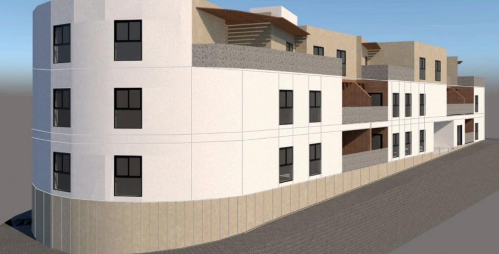 Arkitektskisse av boligbygg utvendig.