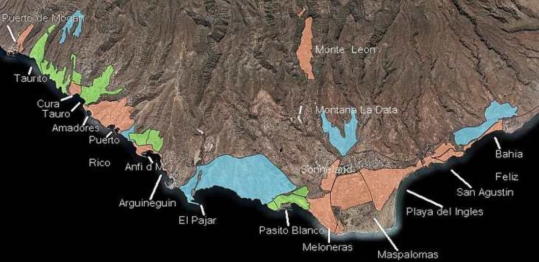 Turismesoner sør på Gran Canaria. Rødt: Konsolidert, Blått: Kan utvikles. Grønt: Ikke konsolidert